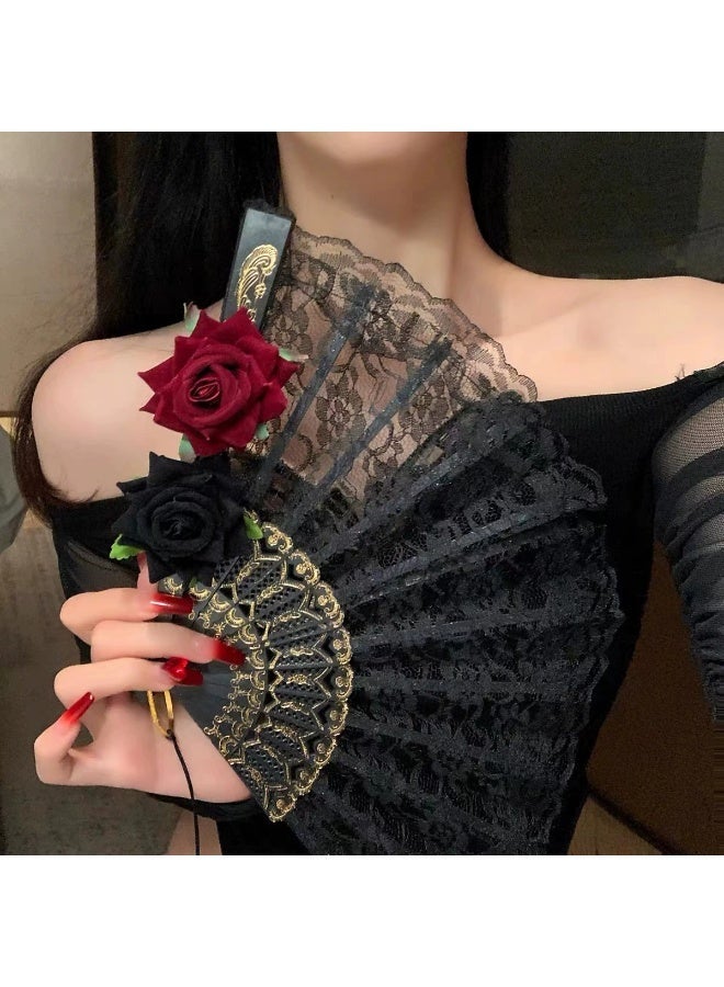 سان يي مروحة يدوية قابلة للطي، مروحة يدوية سوداء مزينة بالدانتيل والورود، مروحة إسبانية كبيرة قابلة للطي على الطراز القديم للسيدات والفتيات، مناسبة للحفلات وأزياء التنكرية والتصوير الفوتوغرافي، والعروض الحفلية، والرقص، والديكورات، والهدايا، 1 عبوة - Image 3